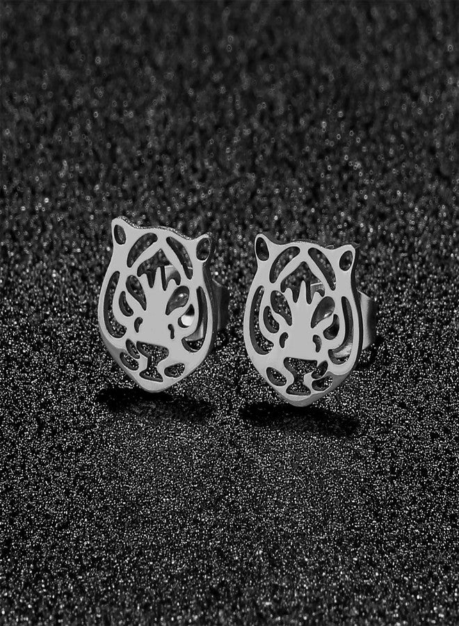 WCRAZYE Stainless Steel Animal Stud Earrings for Women Simple Tiger Head Stud Earrings Punk Hollow Animal Cartilage Pierced Hypoallergenic Studs Earring Fashion Jewelry Gifts (4 Pairs Tiger Earrings) - Image 5